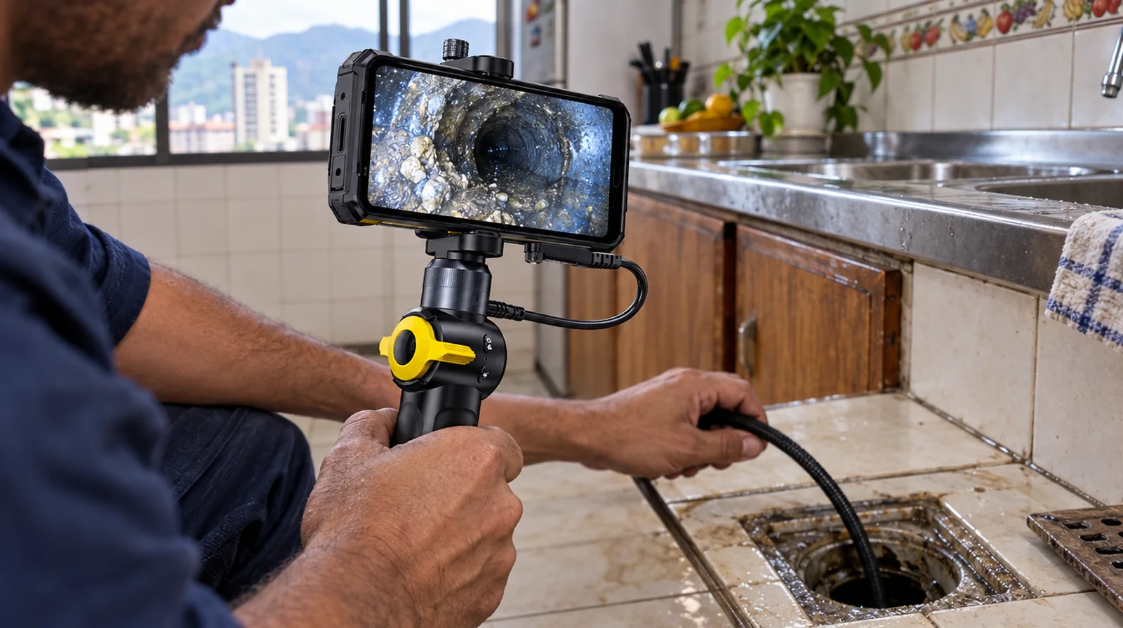 Plomero usa el endoscopio uSmart conectado a un teléfono Ulefone para inspeccionar una tubería en Caracas