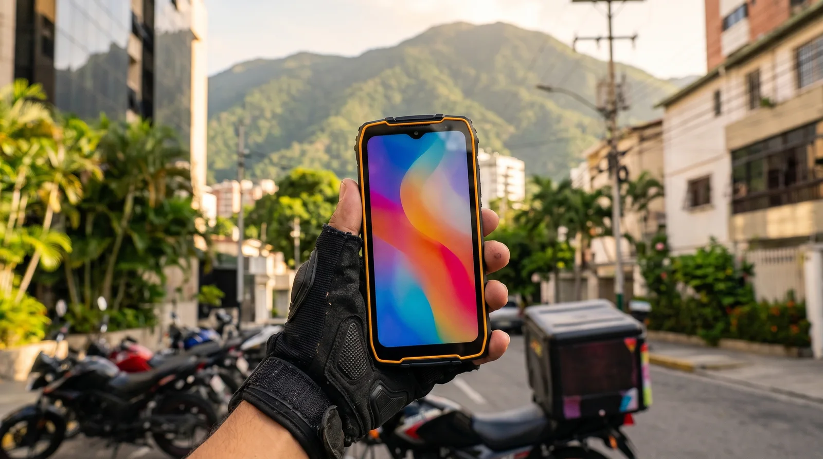 Motorizado sostiene un Ulefone RugKing 4 Pro en una calle de Altamira, Caracas, con el Ávila de fondo