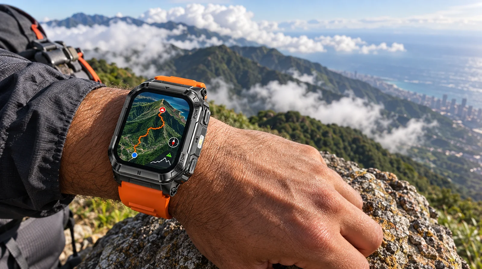 Excursionista con el reloj Ulefone Armor Watch Ultra mostrando un mapa en la cima del Pico Naiguatá en El Ávila