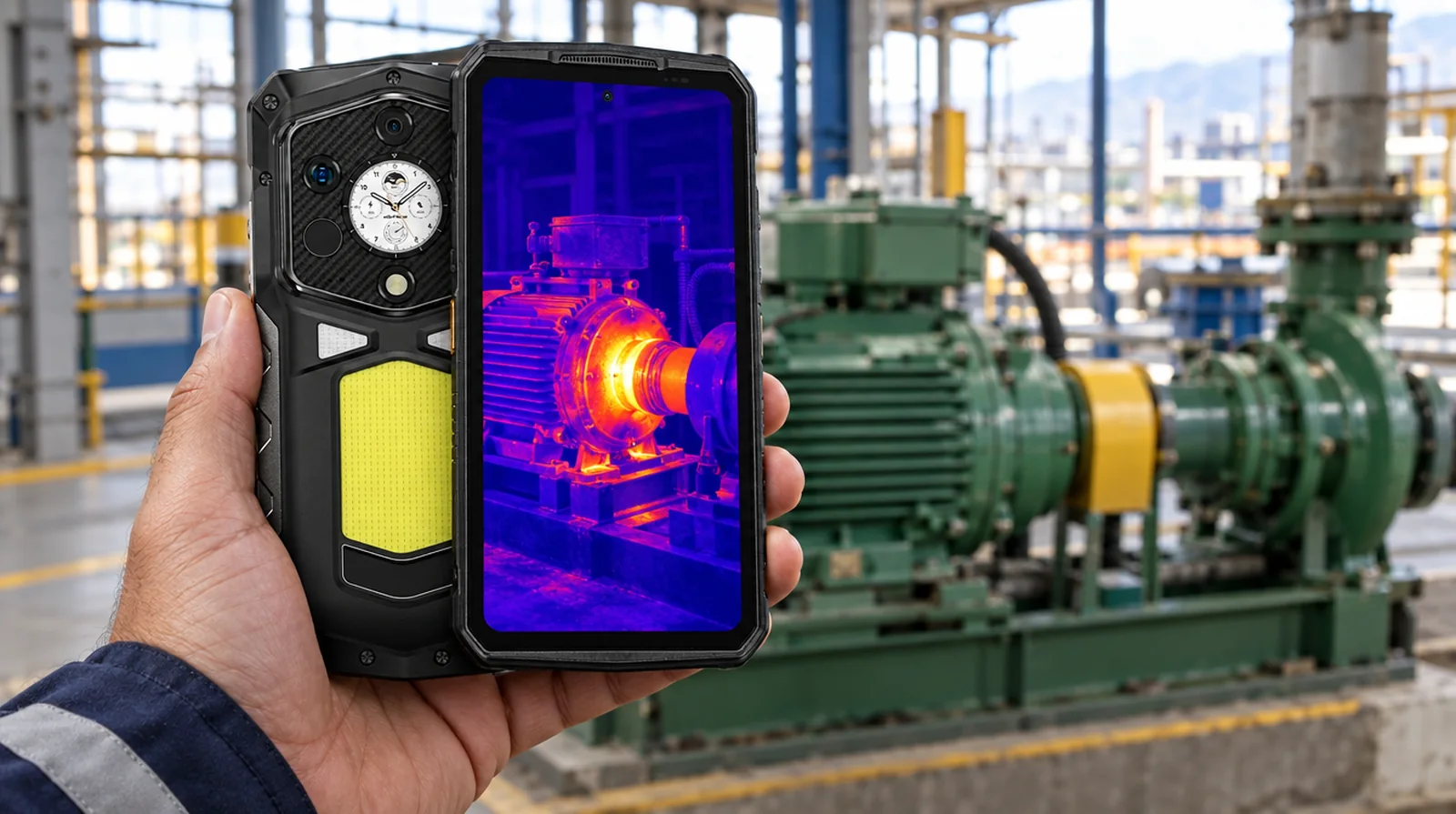 Técnico inspecciona un motor eléctrico con la cámara térmica de un teléfono de alta resistencia en una planta de Valencia