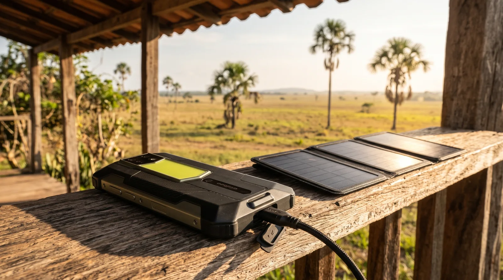 Teléfono Ulefone Armor 24 Pro cargando con un panel solar plegable en el corredor de una casa de los Llanos venezolanos