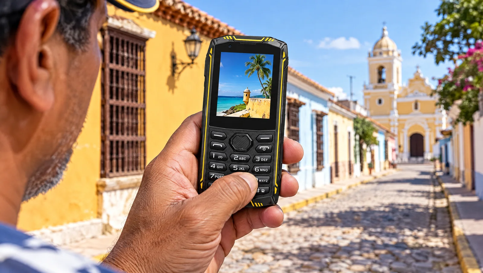 Celular de teclas resistente Ulefone Armor Mini 5 en la mano, en una calle colonial de Coro, Falcón