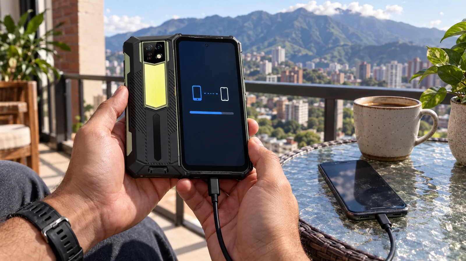 Persona transfiriendo datos de su teléfono viejo a un Ulefone Armor 24 Pro con cable, en un balcón de Caracas con El Ávila al fondo