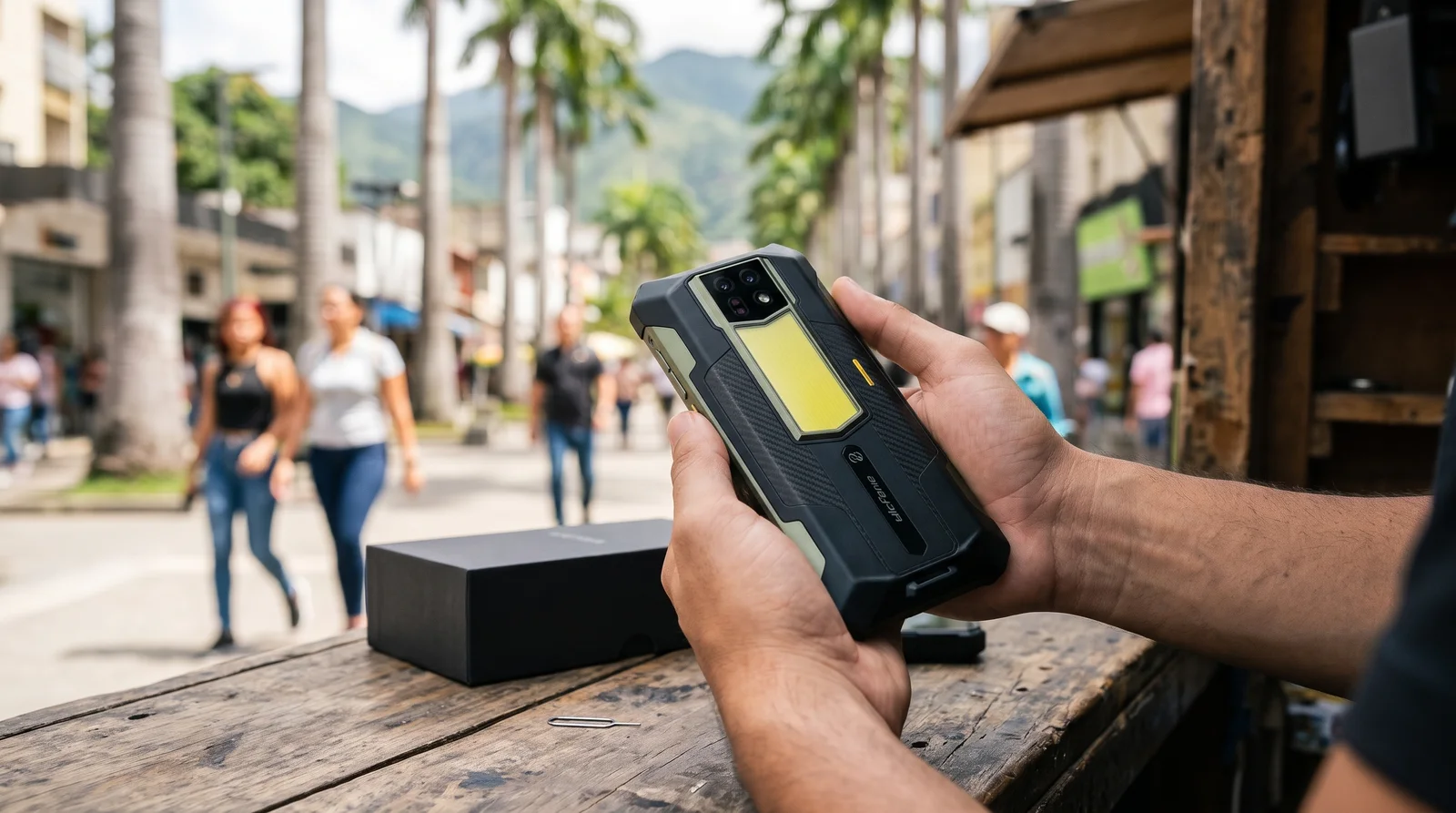 Manos revisando un teléfono Ulefone Armor 24 Pro original sobre el mostrador de una tienda en Sabana Grande, Caracas