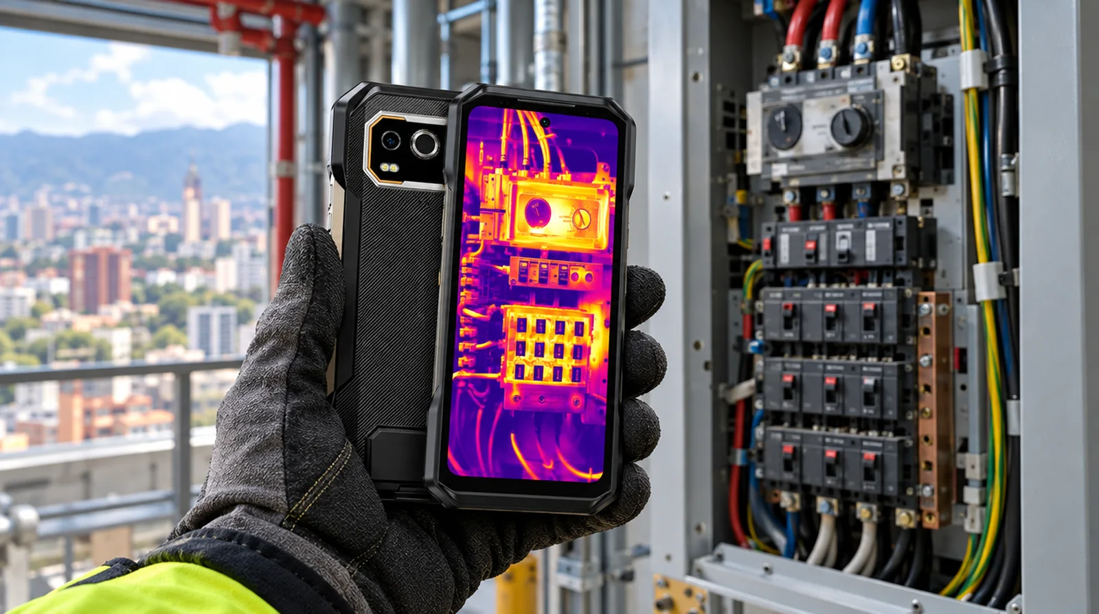 Electricista usa la cámara térmica de un teléfono Ulefone para inspeccionar un tablero eléctrico en Valencia