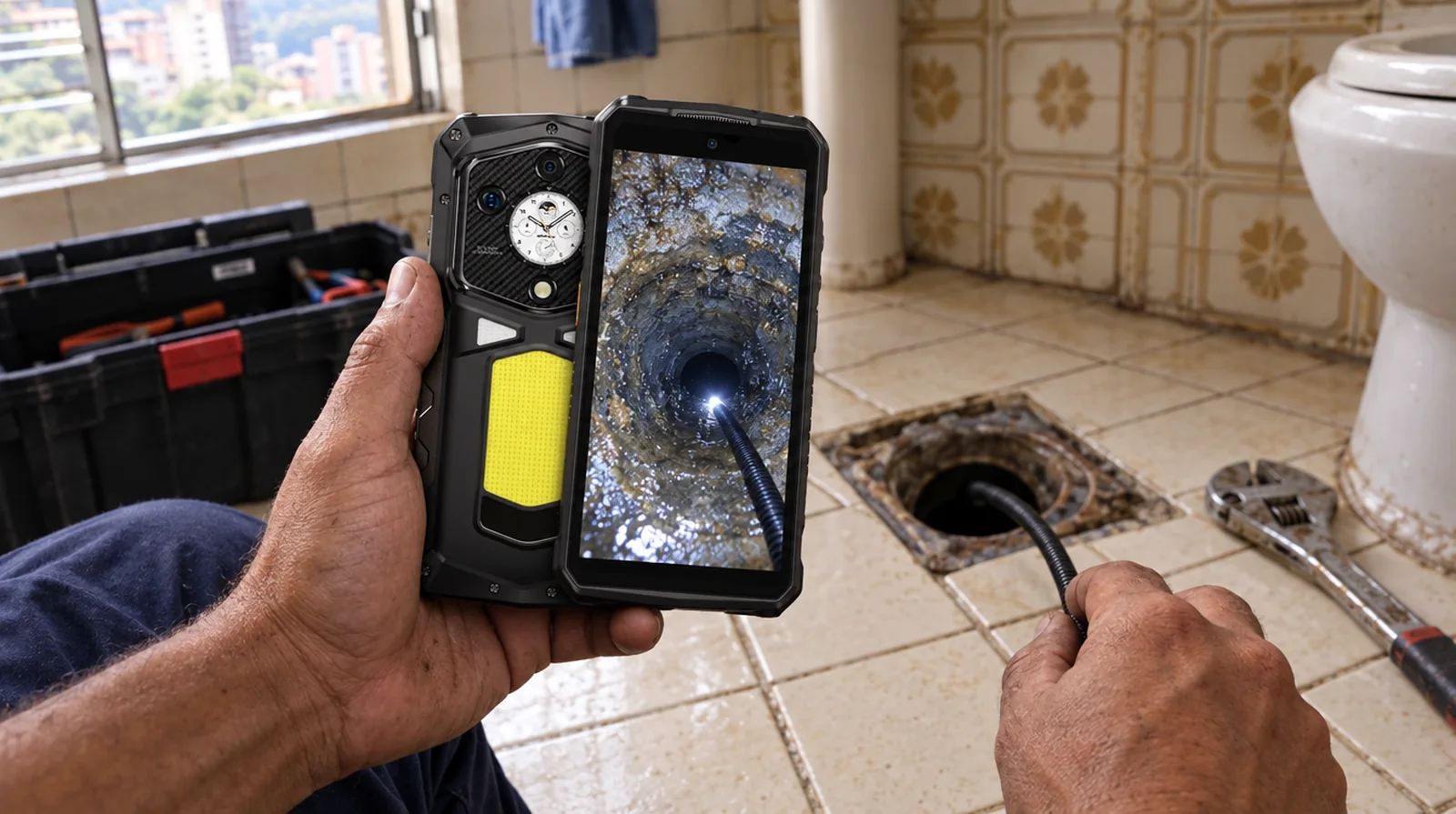 Plomero inspeccionando un drenaje con un endoscopio conectado a un teléfono de alta resistencia en un apartamento de Caracas