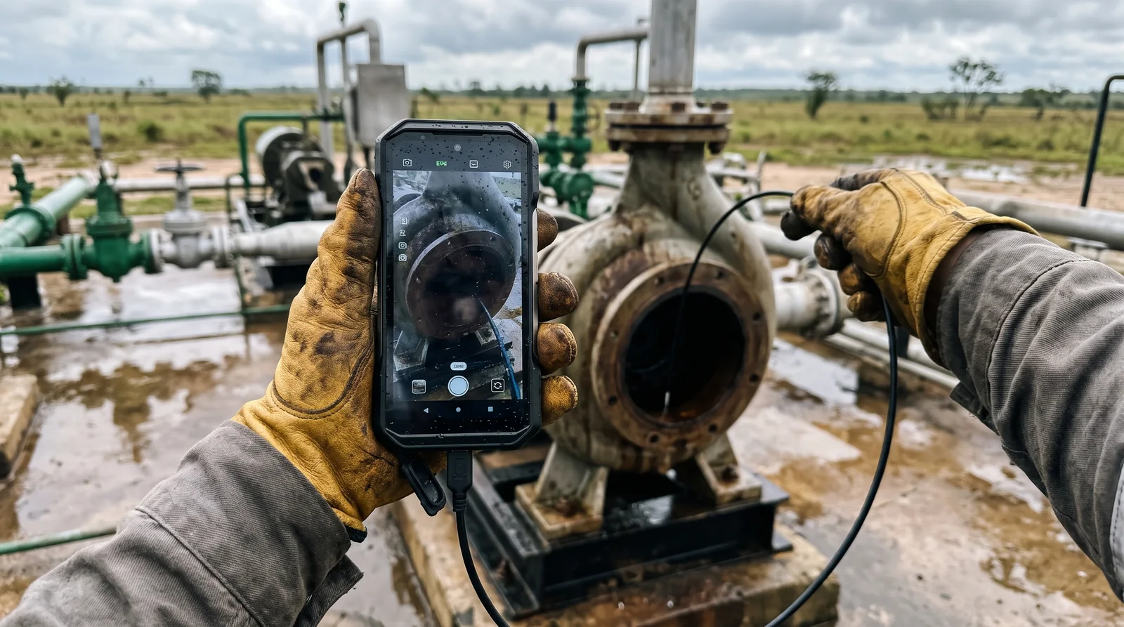 Mecánico con guantes de cuero inspecciona por dentro una bomba centrífuga con un endoscopio conectado al teléfono en una estación de flujo de Monagas tras la lluvia
