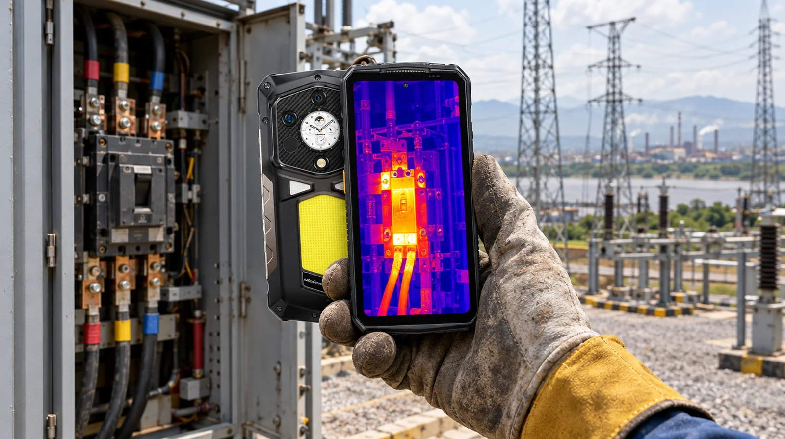 Electricista usando un teléfono Ulefone con cámara térmica para revisar un tablero en Ciudad Guayana