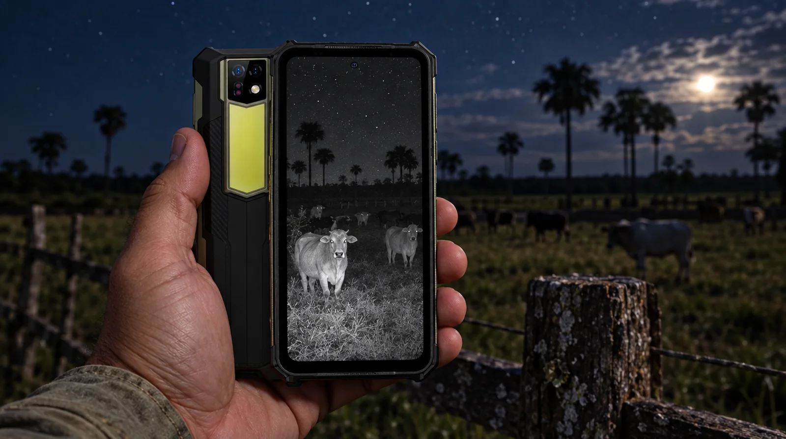 Productor usando un Ulefone con visión nocturna para revisar el ganado de noche en Barinas