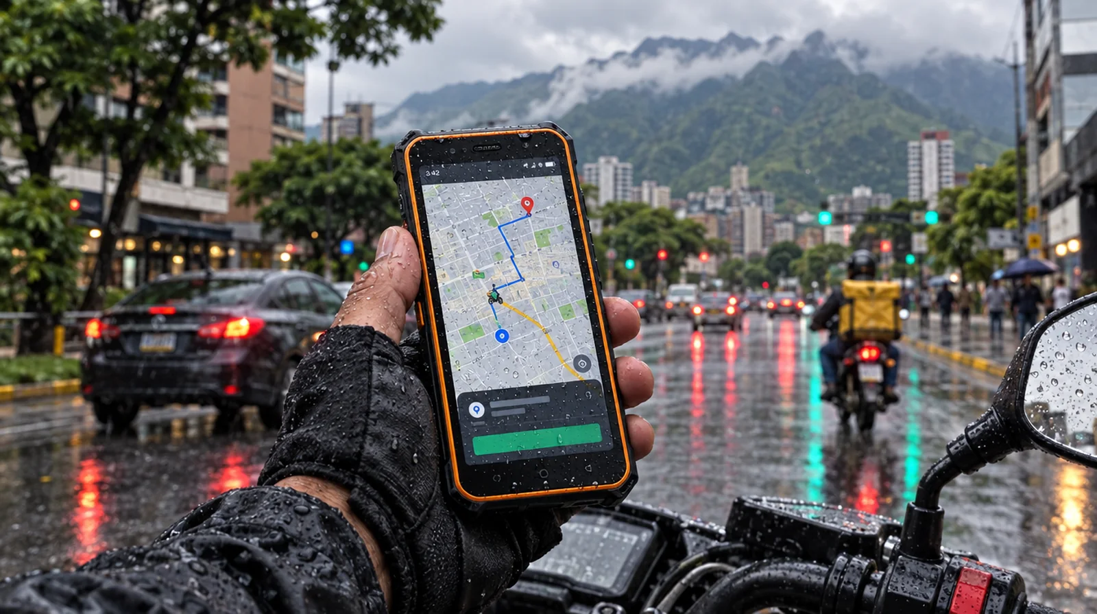 Motorizado de delivery usando un teléfono resistente Ulefone bajo la lluvia en Chacao, Caracas