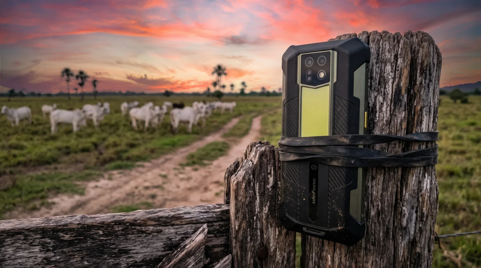 Ulefone Armor 24 Pro sujeto a un poste de cerca vigilando el portón de un hato en los Llanos venezolanos al atardecer