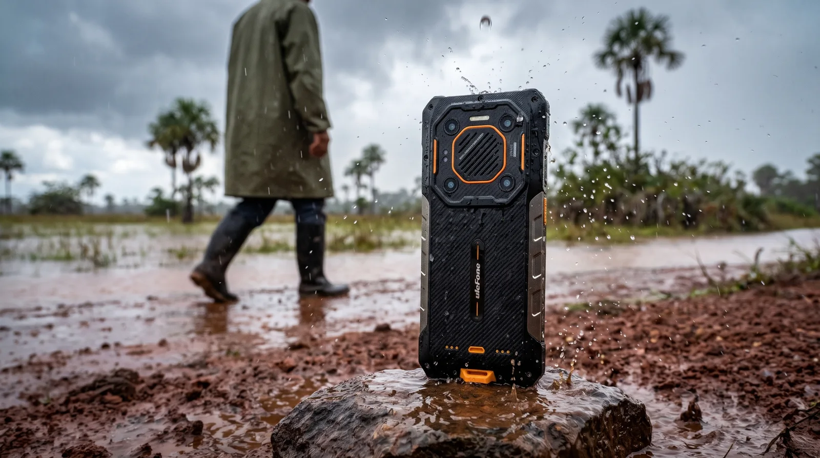 Teléfono rugerizado Ulefone de pie sobre una piedra bajo la lluvia en un camino de tierra roja de los llanos venezolanos, con moriches al fondo