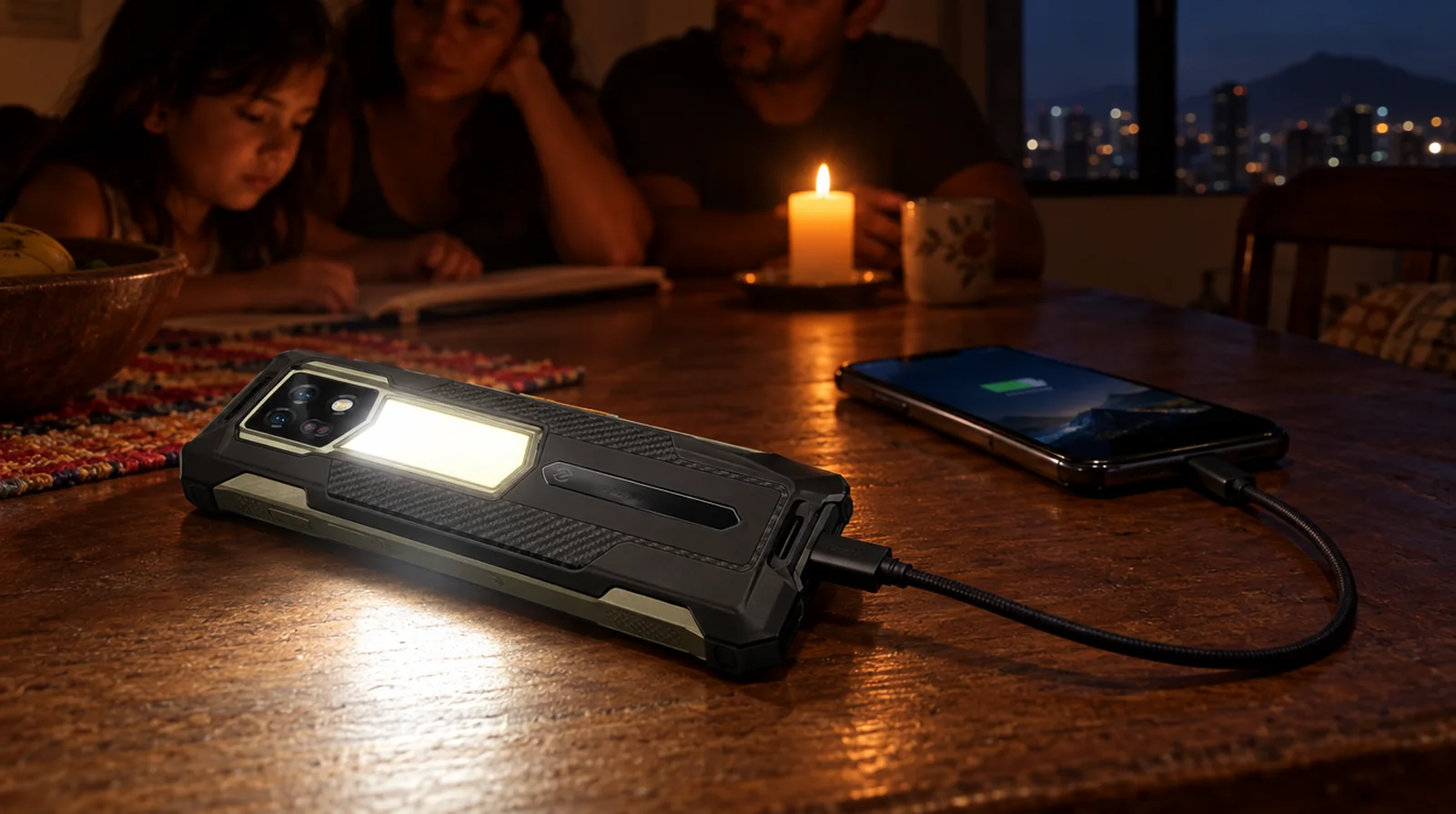 Teléfono de alta resistencia Ulefone cargando otro celular durante un apagón en un apartamento de Maracaibo