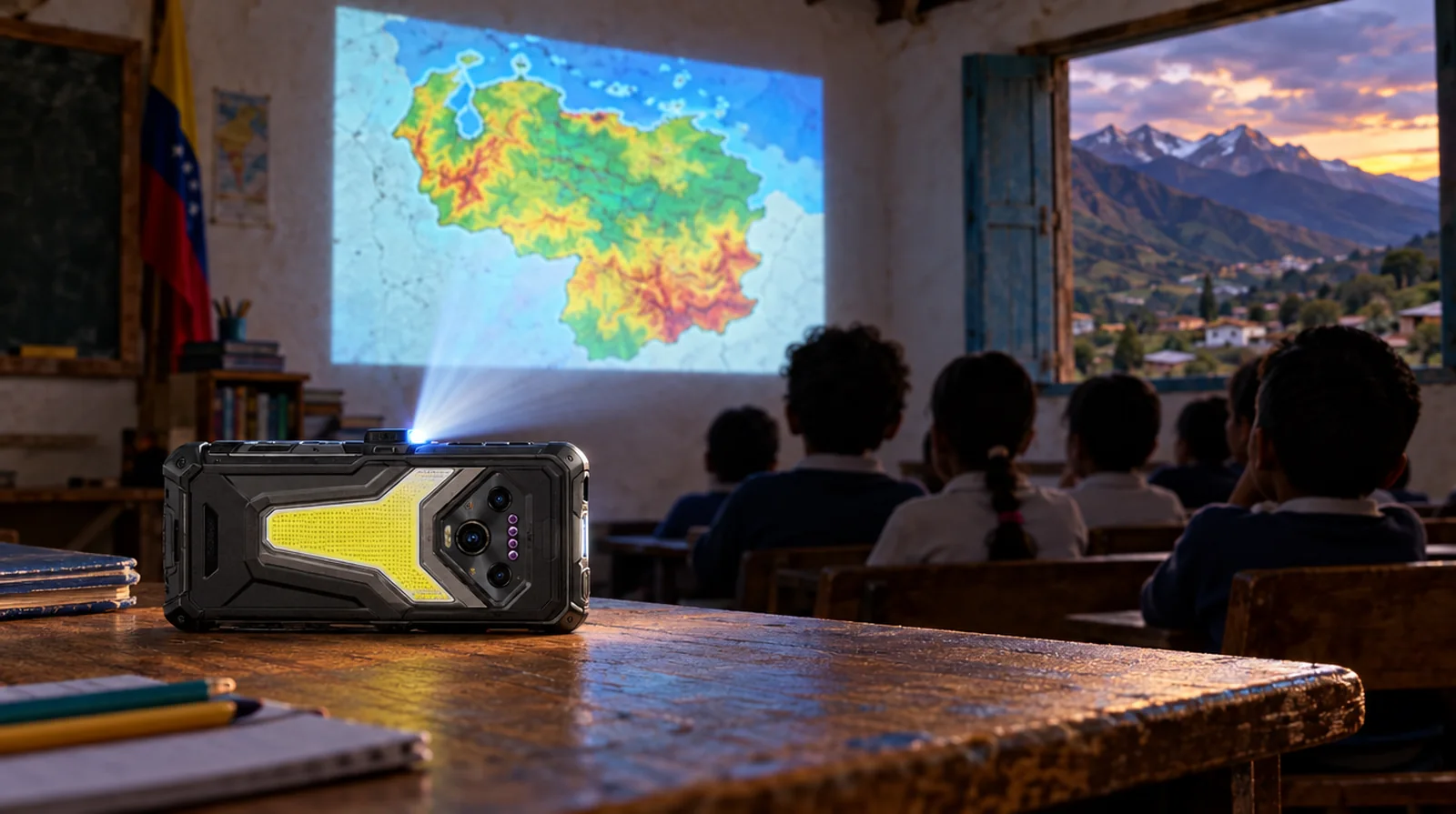 Teléfono Ulefone Armor 34 Pro Plus proyectando un mapa en la pared de una escuela rural de Mérida