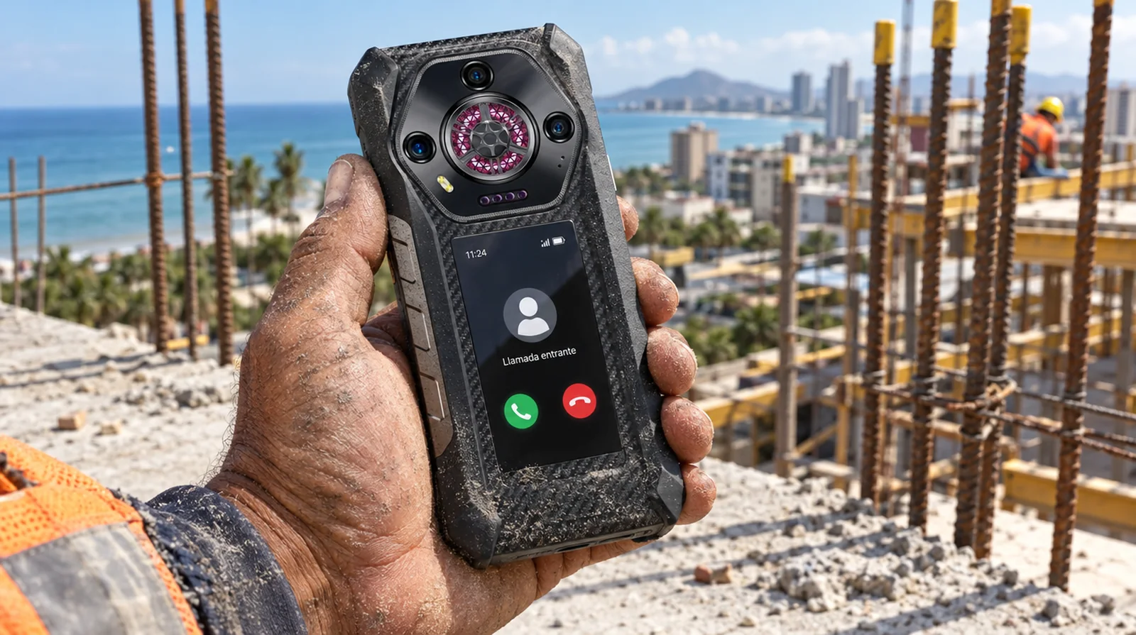 Maestro de obra recibe una llamada en la pantalla trasera del Ulefone Armor 30 Pro en una construcción en Lechería