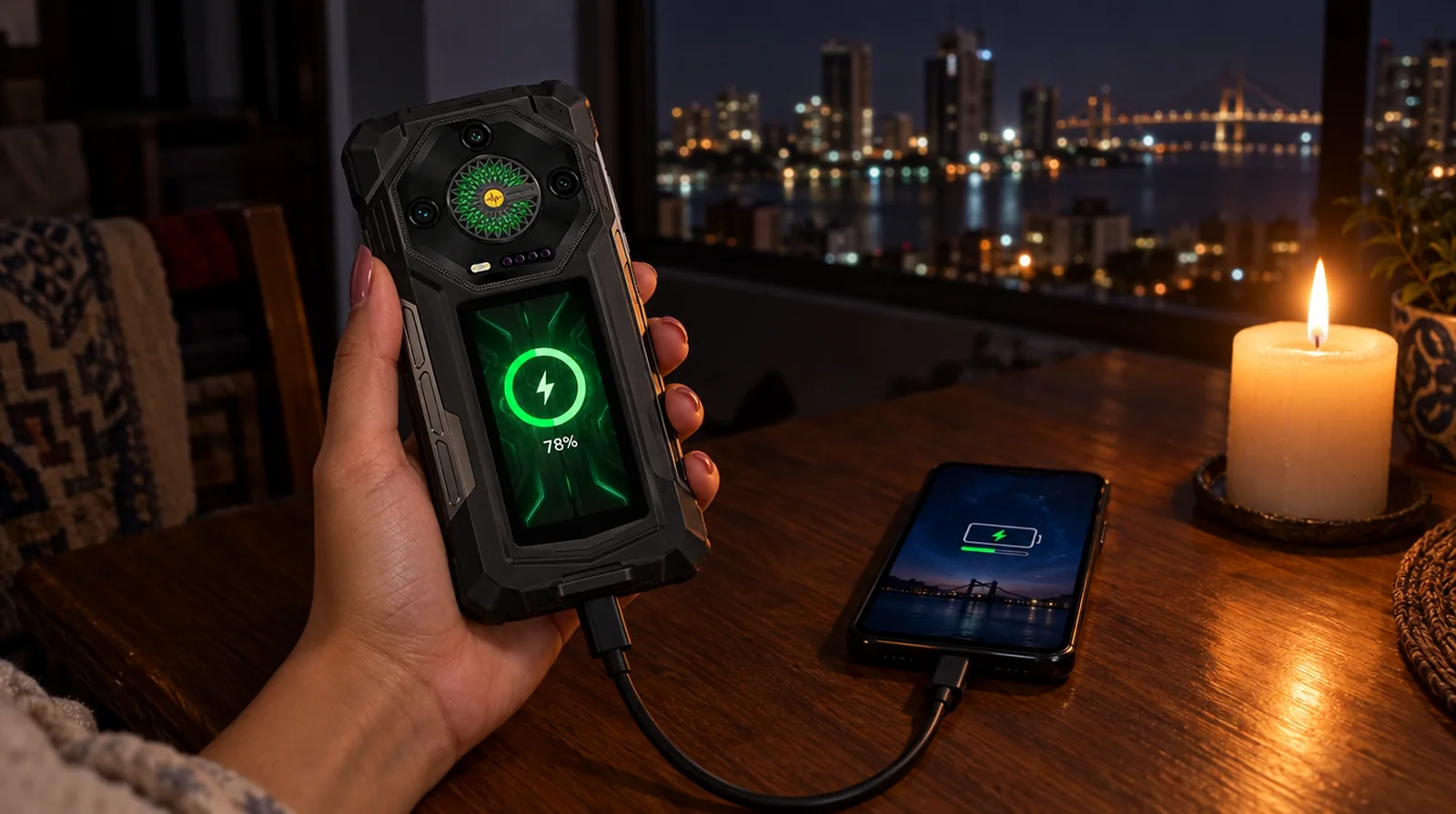 Ulefone Armor 33 Pro carga otro celular durante un apagón nocturno en un apartamento de Maracaibo