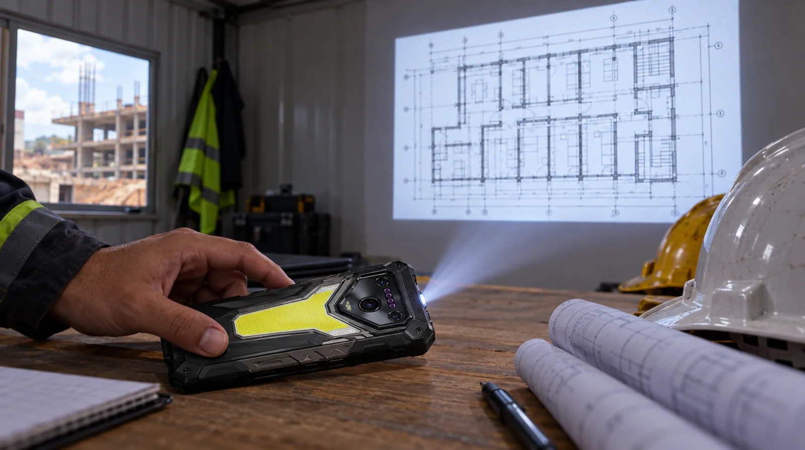 Ulefone Armor 34 Pro proyecta un plano en la pared de una oficina de obra en Valencia