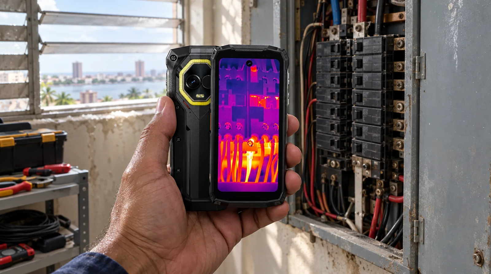Electricista revisando un tablero con la cámara térmica del Ulefone Armor Mini 20T Pro en Maracaibo