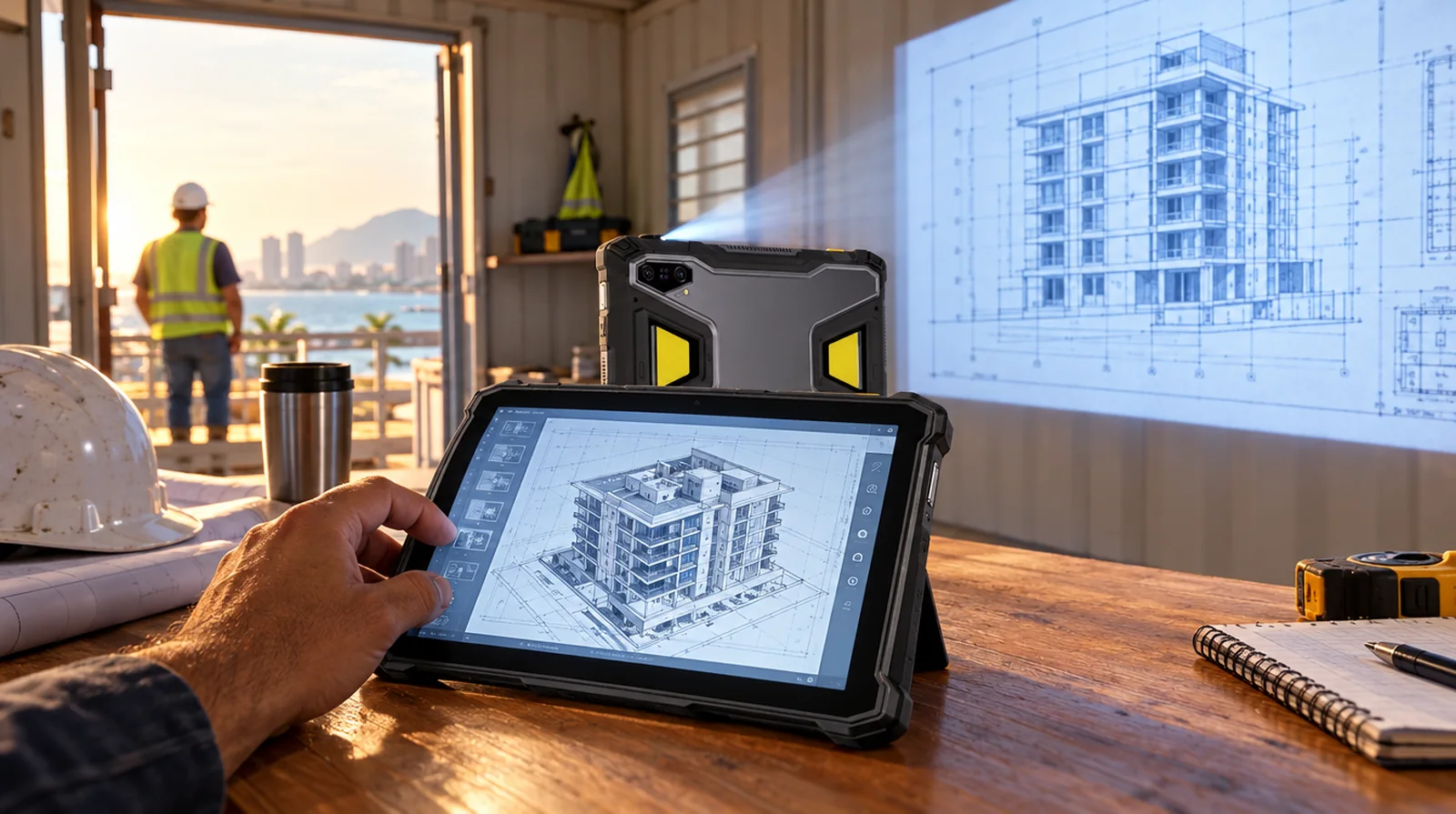 Tablet Ulefone Armor Pad 5 Ultra proyectando un plano en una oficina de obra en Lechería