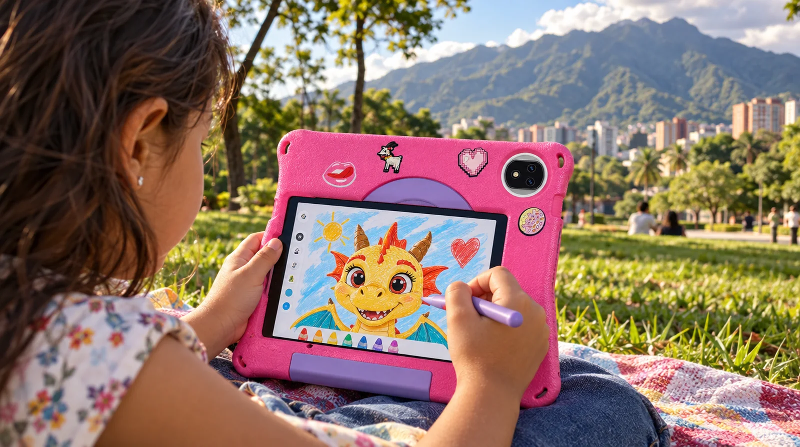 Niño dibujando con lápiz en la Tab A9 Pro Kids sobre una manta en el Parque del Este de Caracas