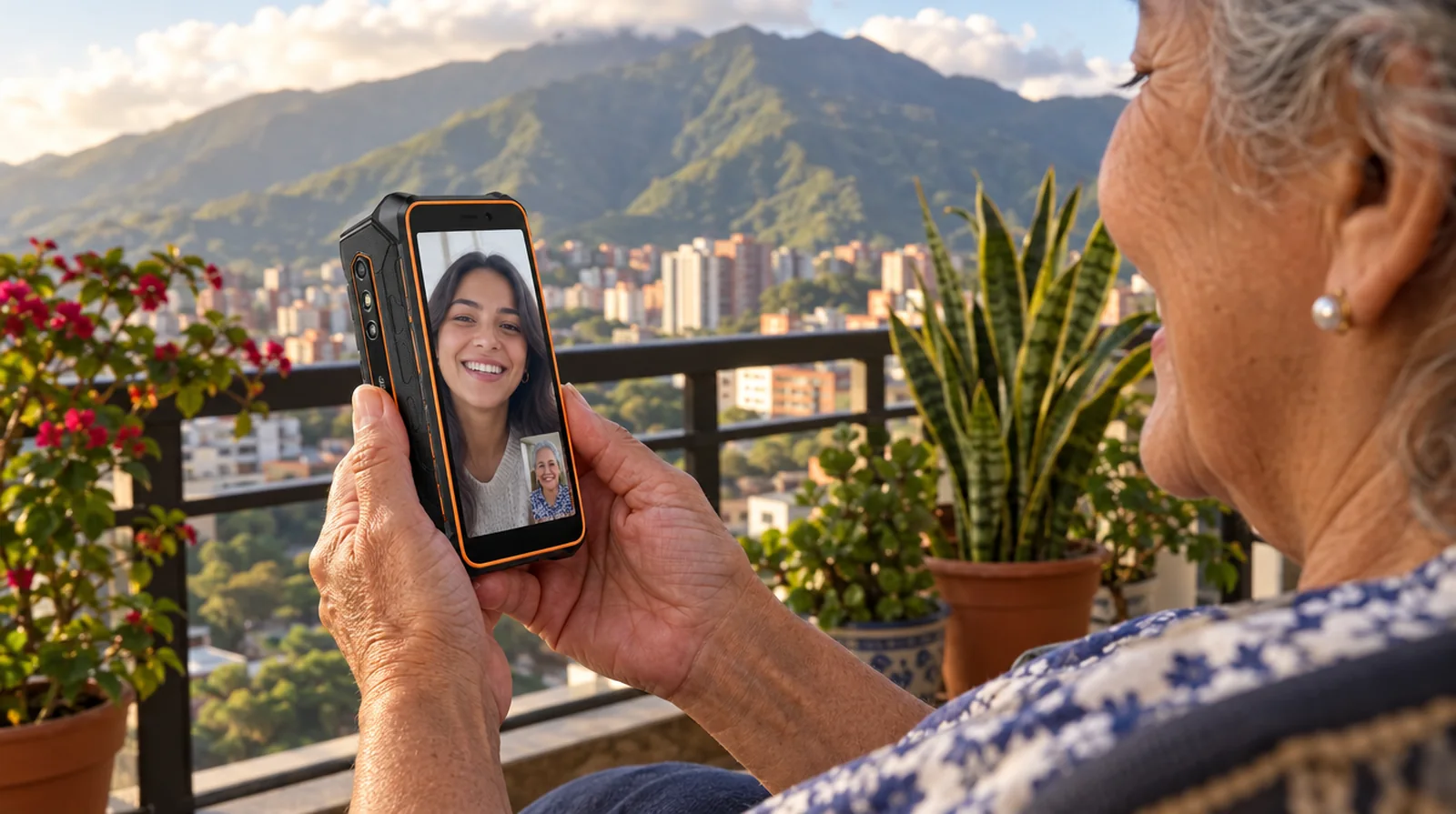 Abuela en un balcón de Caracas haciendo una videollamada con un teléfono compacto de alta resistencia