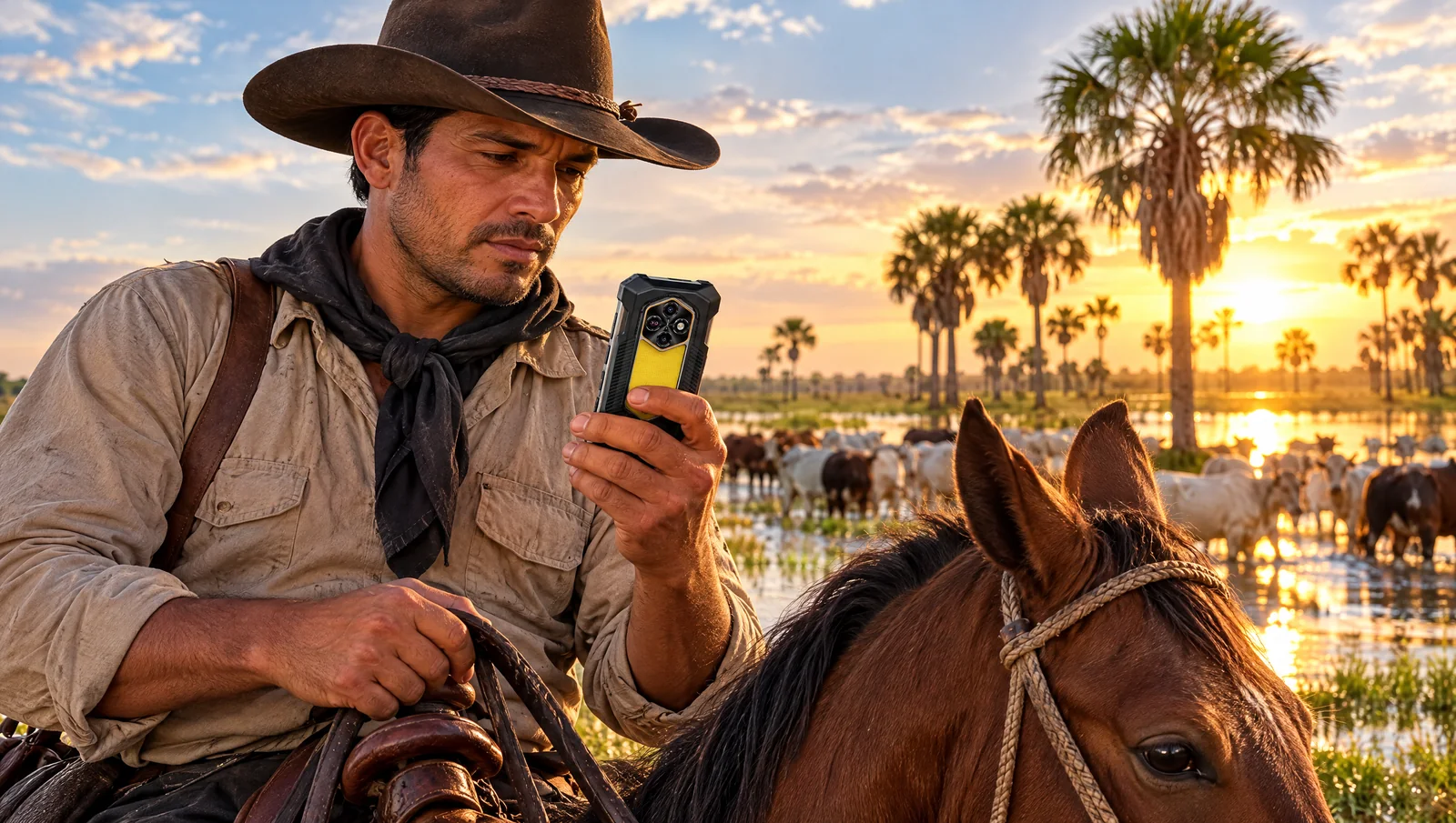 Llanero a caballo arreando ganado en una sabana inundada de Apure al amanecer