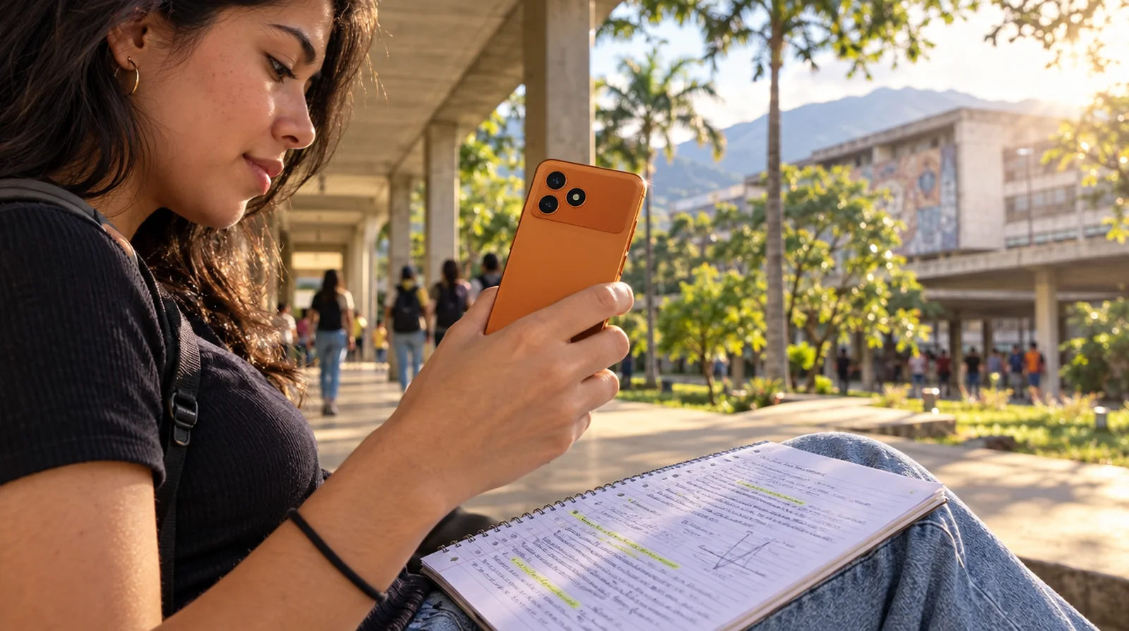 Estudiante universitaria fotografía sus apuntes con un teléfono Ulefone Note 23 en los pasillos de la Ciudad Universitaria de Caracas