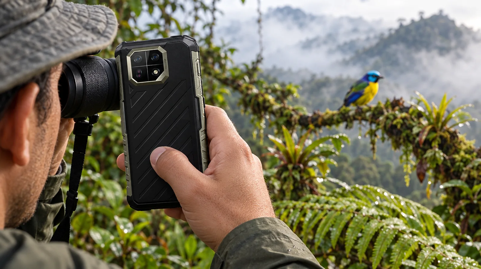Observador de aves usa un Ulefone Armor 22 Pro con binoculares en el bosque nublado del Paso Portachuelo, Henri Pittier