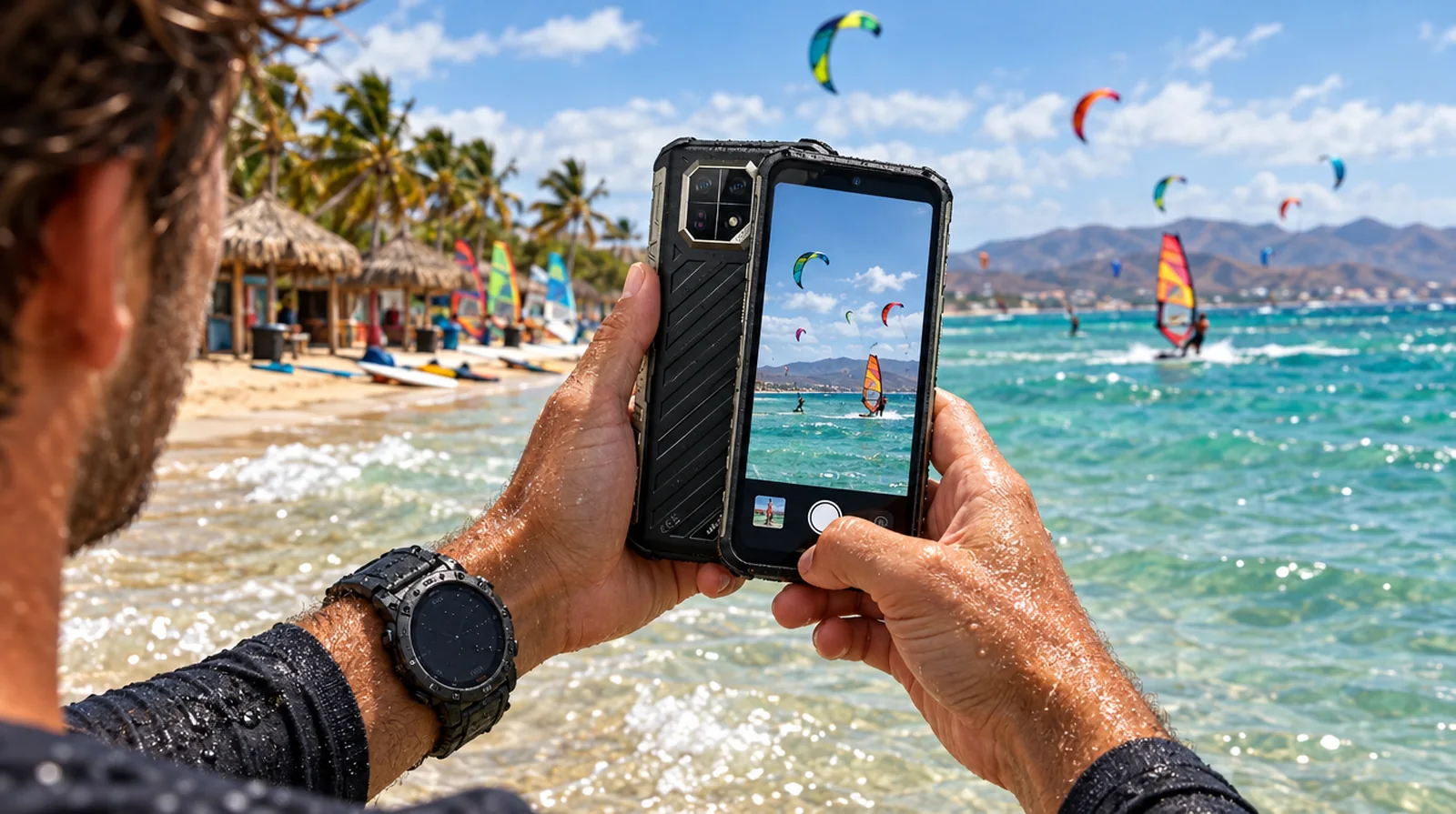 Windsurfista con un Ulefone Armor 22 Pro y el reloj Armor Watch Pro en la bahía de El Yaque, Margarita