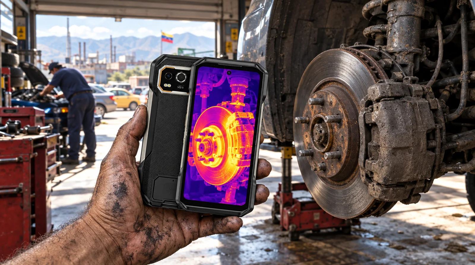 Mecánico revisando con la cámara térmica del teléfono el disco de freno de un carro en un taller de Valencia