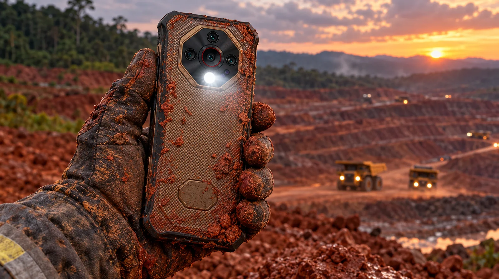 Minero sostiene un teléfono de alta resistencia con la linterna encendida en una mina a cielo abierto del estado Bolívar