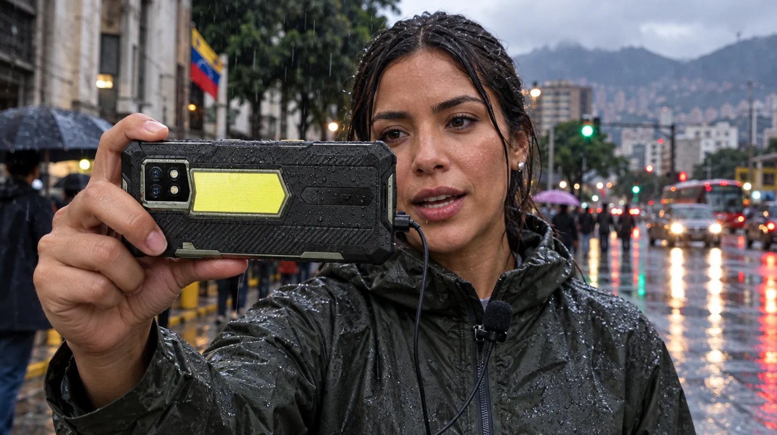 Periodista graba con un teléfono Ulefone Armor 24 Pro bajo la lluvia en una calle de Caracas