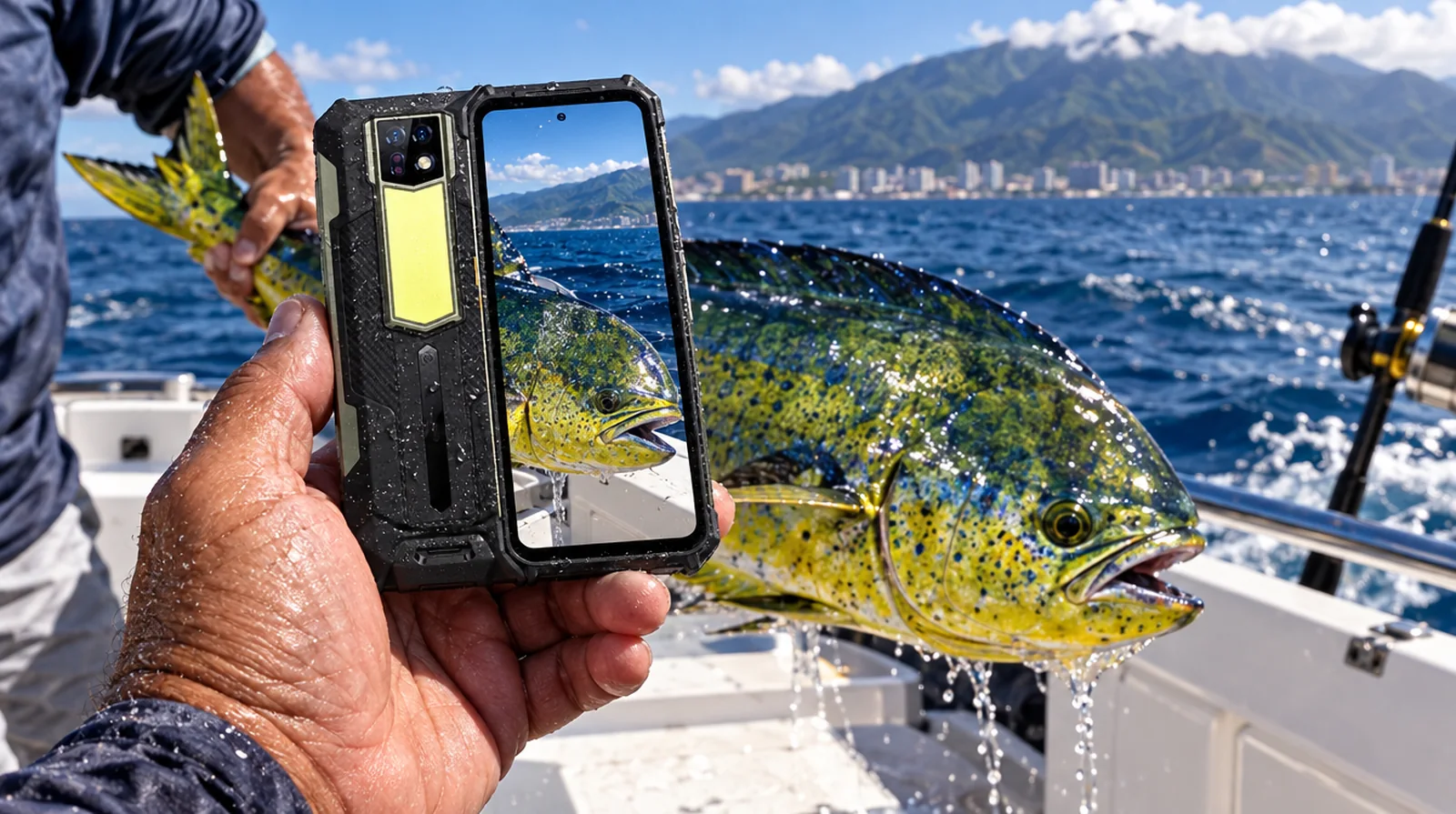 Pescador fotografía un dorado con un teléfono de alta resistencia a bordo de una lancha frente a La Guaira