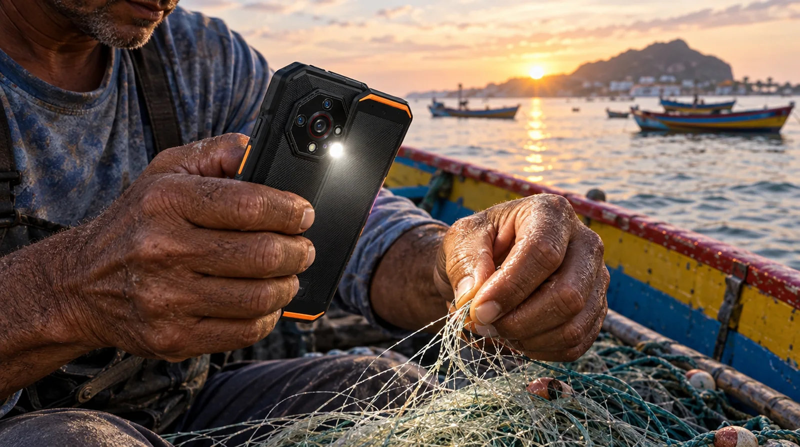 Teléfono para pescadores artesanales: agua salada, linterna y batería para salir de noche
