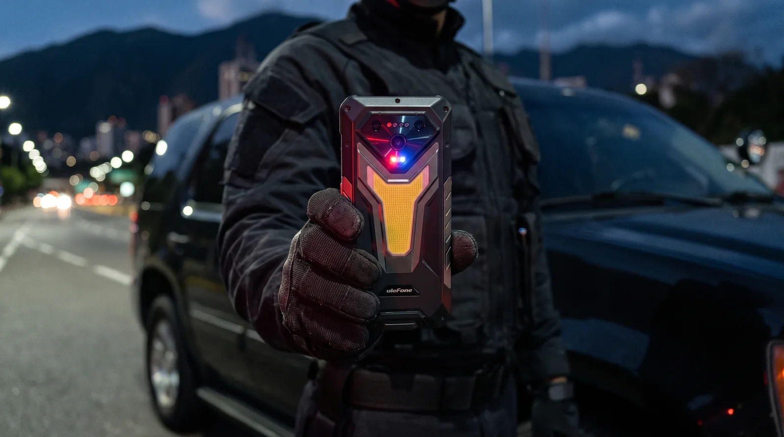Teléfono Ulefone Armor 34 Pro con luces de advertencia roja y azul encendidas en la mano de un funcionario de patrullaje de noche en Caracas