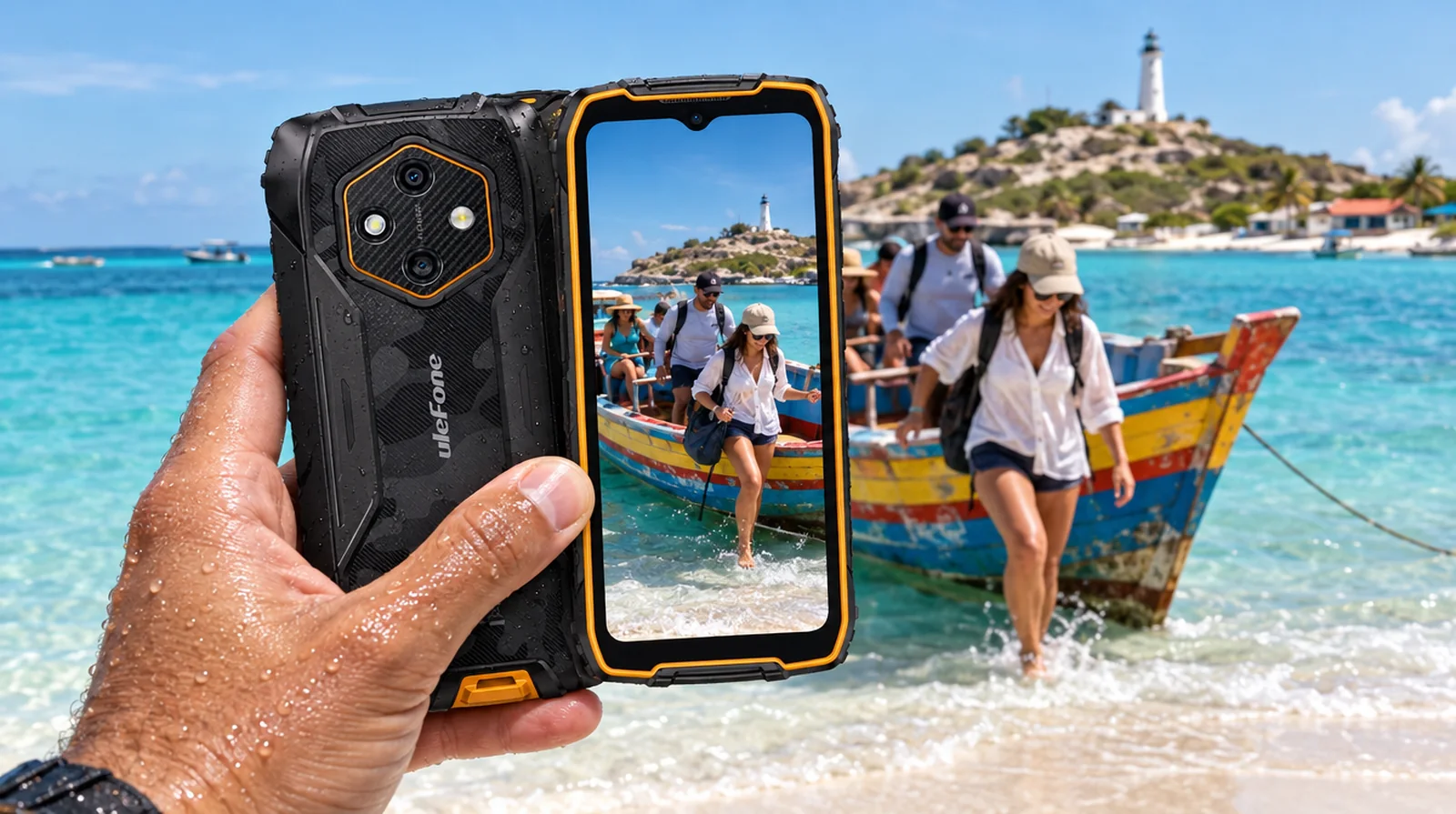 Guía turístico en Los Roques tomando fotos con un teléfono de alta resistencia al llegar en peñero