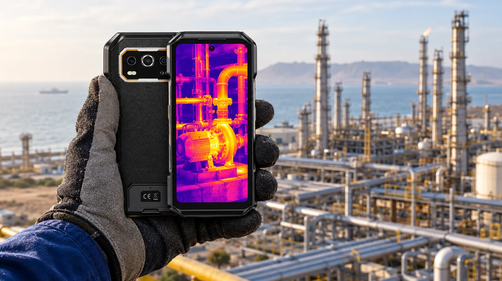 Técnico revisa una bomba con la cámara térmica de un teléfono de alta resistencia en una refinería de Paraguaná