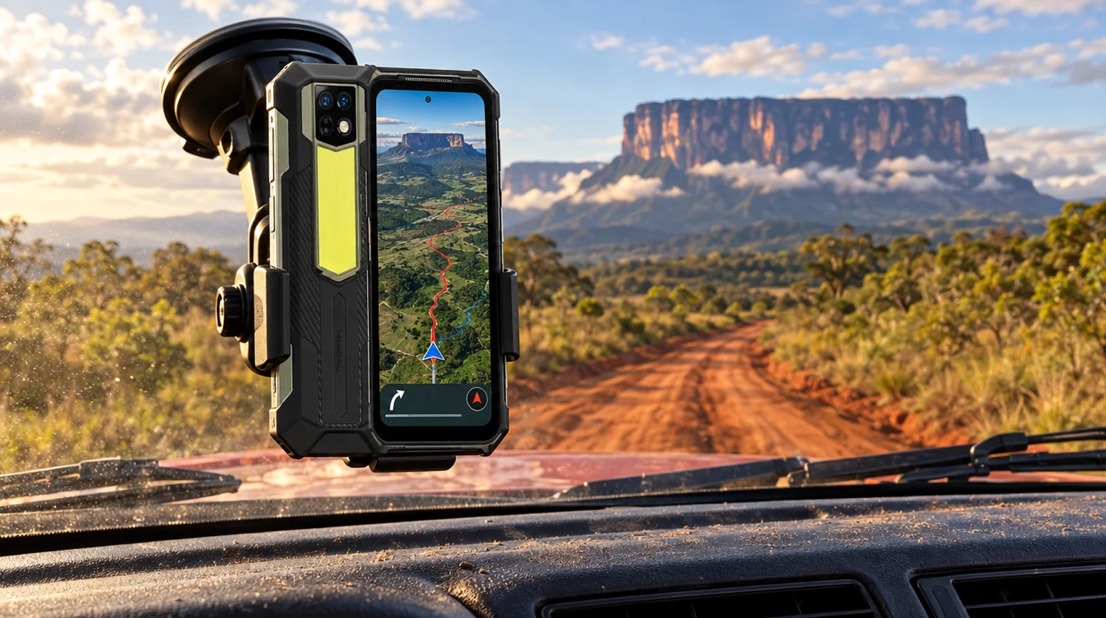 Teléfono de alta resistencia en un soporte de parabrisas guía una camioneta 4x4 por la Gran Sabana