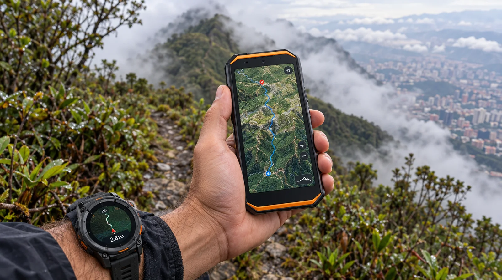 Excursionista consulta el mapa en un teléfono compacto y un reloj con GPS en un sendero con neblina de El Ávila
