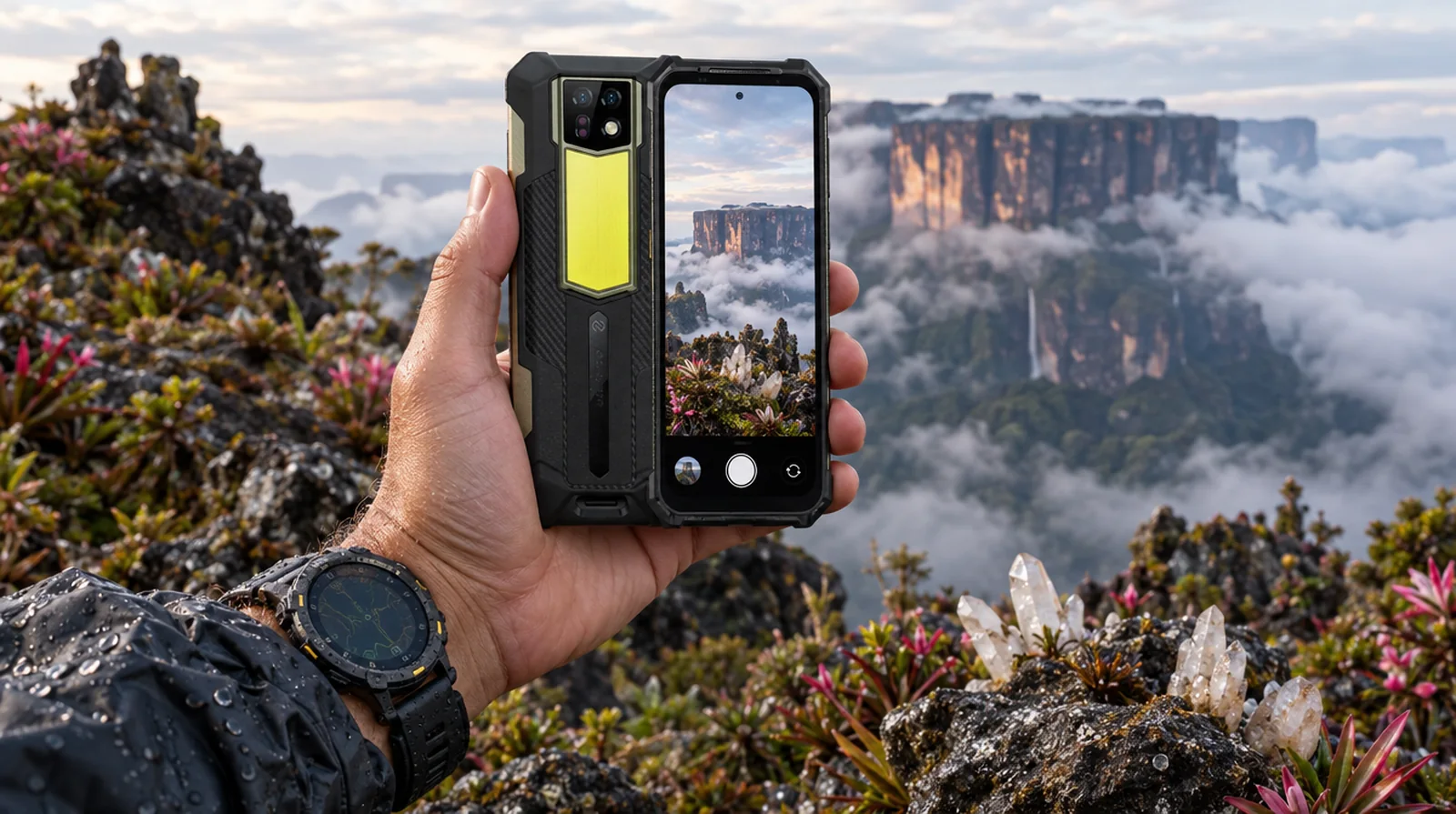 Excursionista fotografía la cumbre de Roraima con un Ulefone Armor 24 Pro y lleva el reloj Armor Watch Ultra