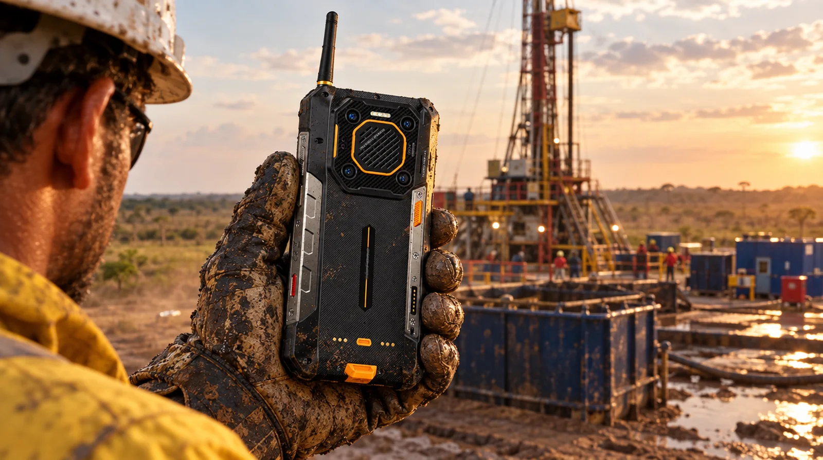 Trabajador de taladro sostiene un teléfono de alta resistencia con antena de walkie-talkie frente a un taladro en Monagas