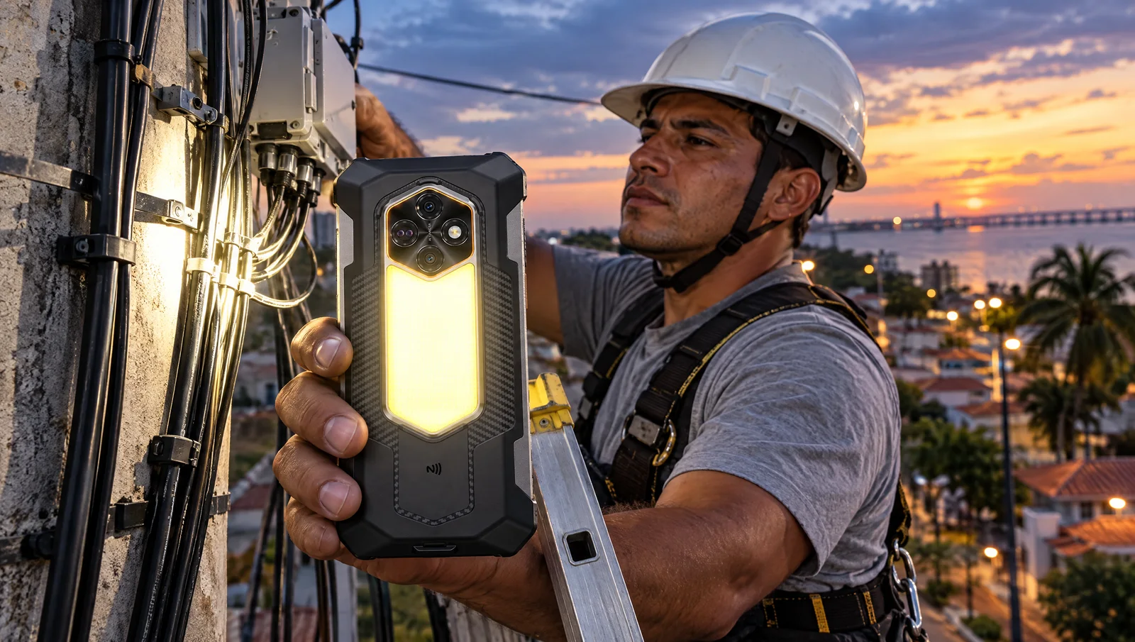 Técnico de fibra óptica en una escalera ilumina cables en un poste de Maracaibo con la linterna del Ulefone RugKing 5 Pro