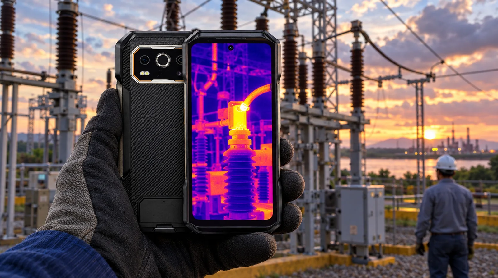 Técnico eléctrico haciendo termografía de conexiones con la cámara térmica FLIR de un Ulefone en una subestación de Ciudad Guayana
