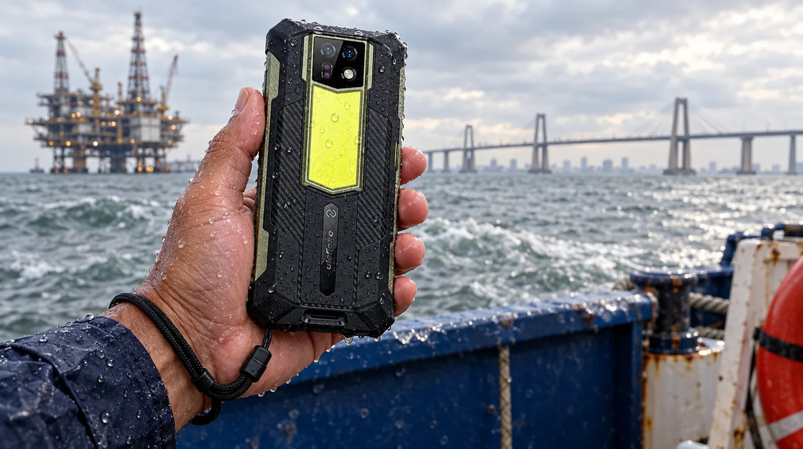 Marino sostiene un teléfono de alta resistencia mojado con correa en la cubierta de una lancha en el Lago de Maracaibo