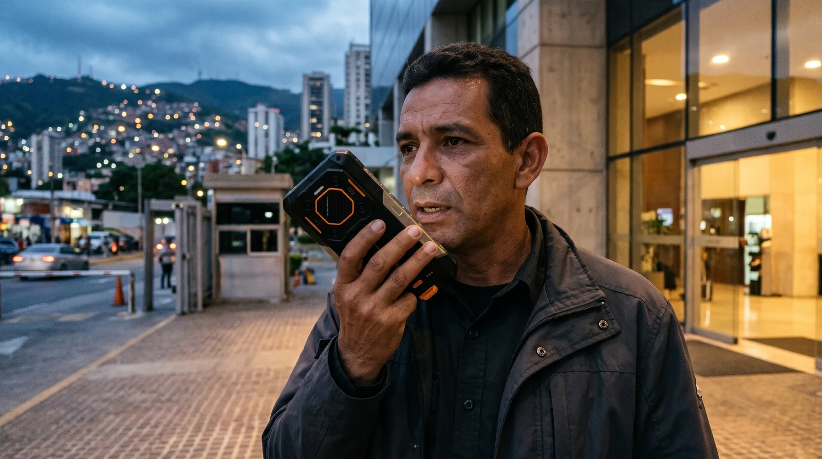 Profesional de seguridad con equipo oscuro genérico vigilando la entrada de un conjunto residencial en Caracas al anochecer