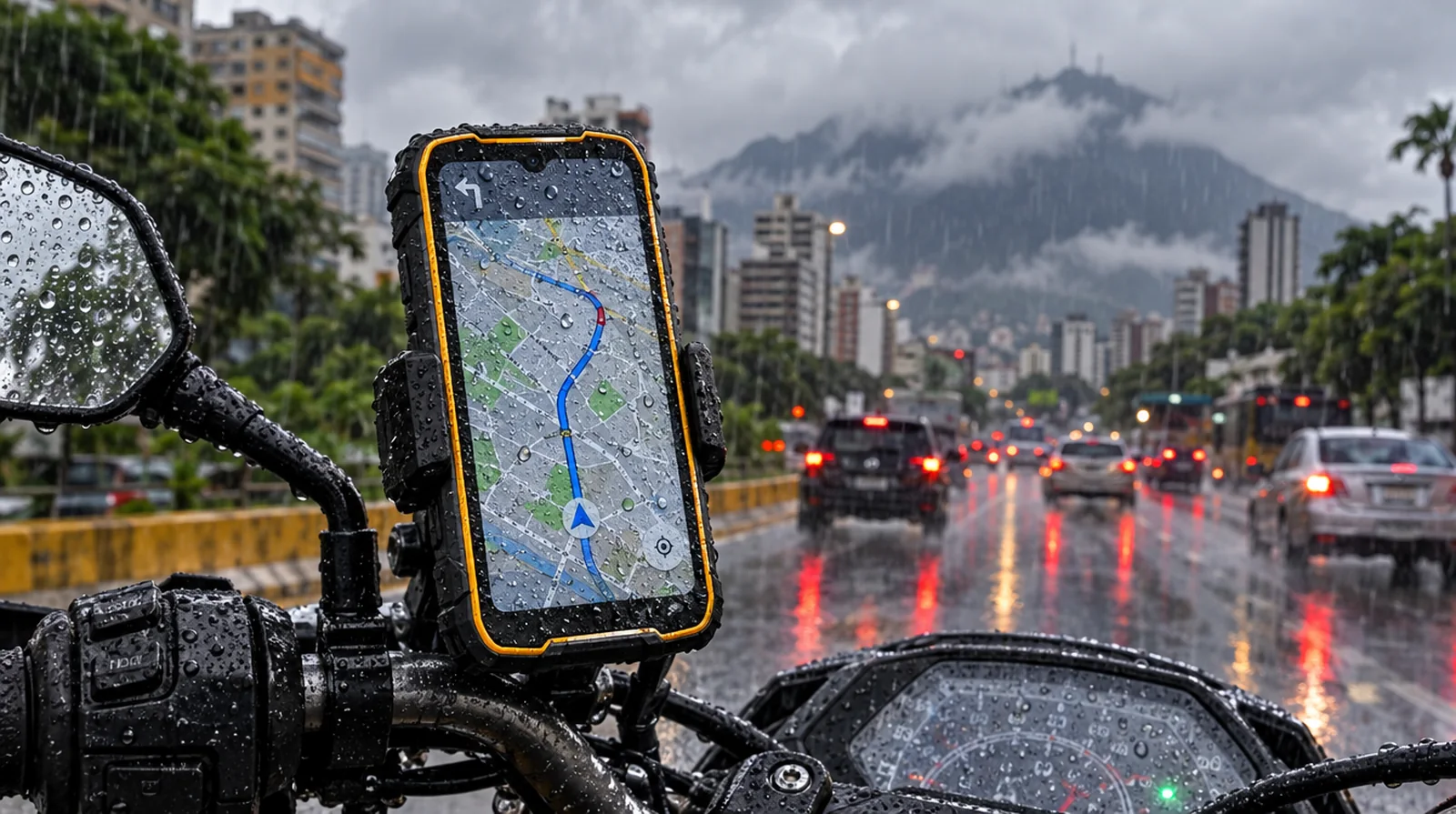 Teléfono de alta resistencia Ulefone en el soporte de una moto bajo la lluvia en una avenida de Caracas