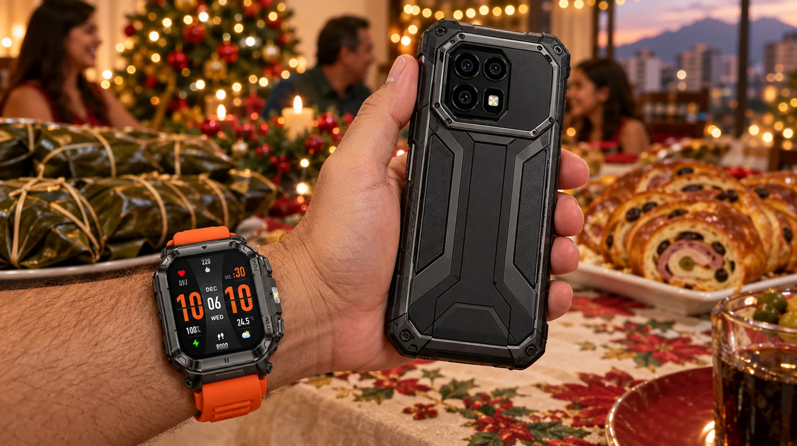 Persona estrenando un Armor Watch Ultra y un teléfono Ulefone recién desenvueltos en una mesa navideña venezolana con hallacas