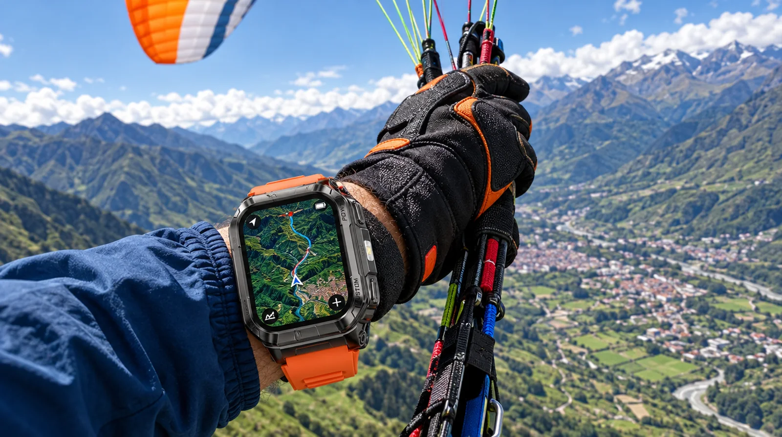 Piloto de parapente con el reloj Ulefone Armor Watch Ultra en vuelo sobre el valle del Chama, Mérida
