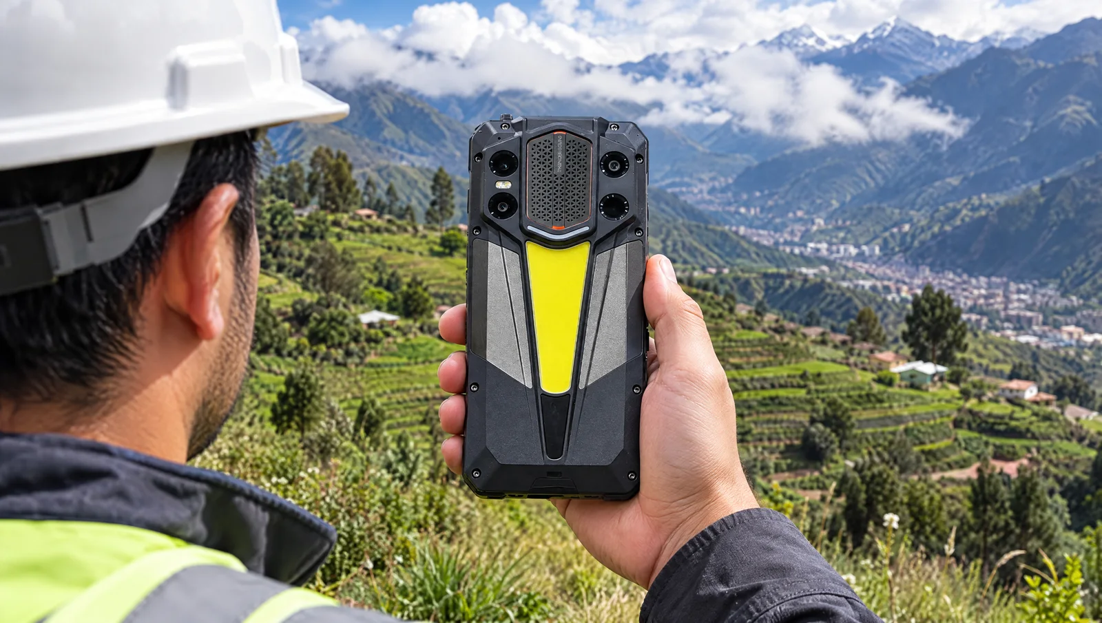 Ingeniero apunta un Ulefone Armor 35 Pro hacia un valle andino cerca de Mérida para medir distancia con el láser