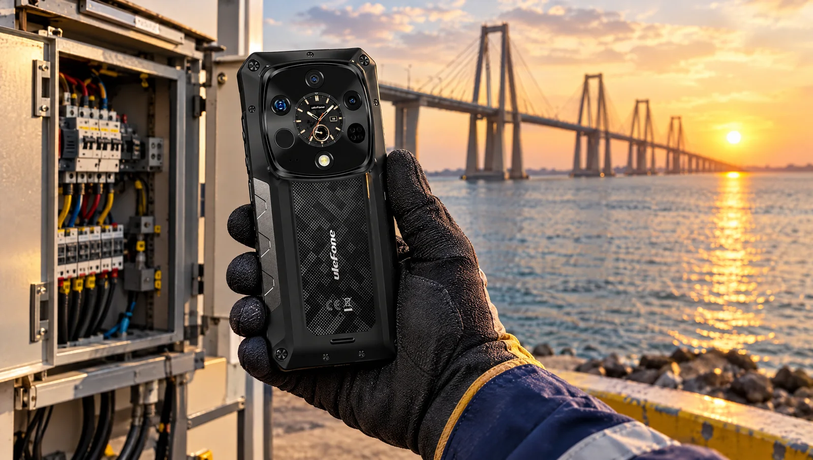Técnico sostiene un Ulefone Armor 28 Ultra Thermal con imagen térmica en pantalla frente al puente sobre el Lago de Maracaibo